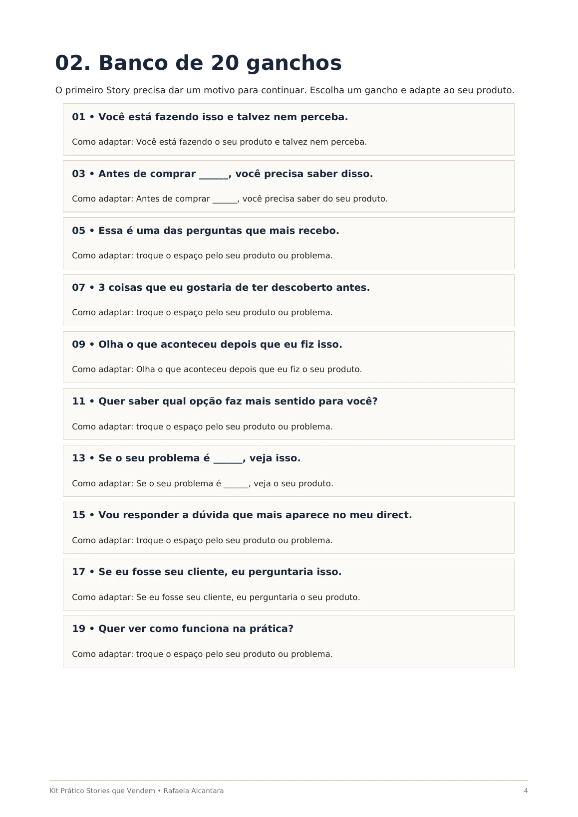 Página do PDF Stories que Vendem, com banco de ganchos